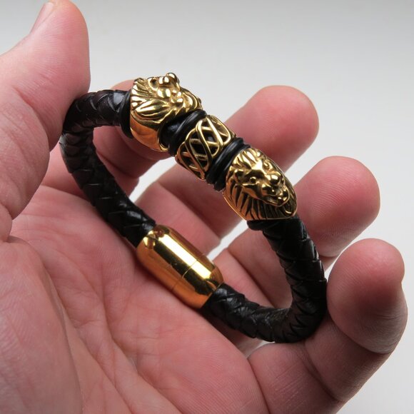 $350 24k over St. steel Indian Head Leather Bracelet Unisex